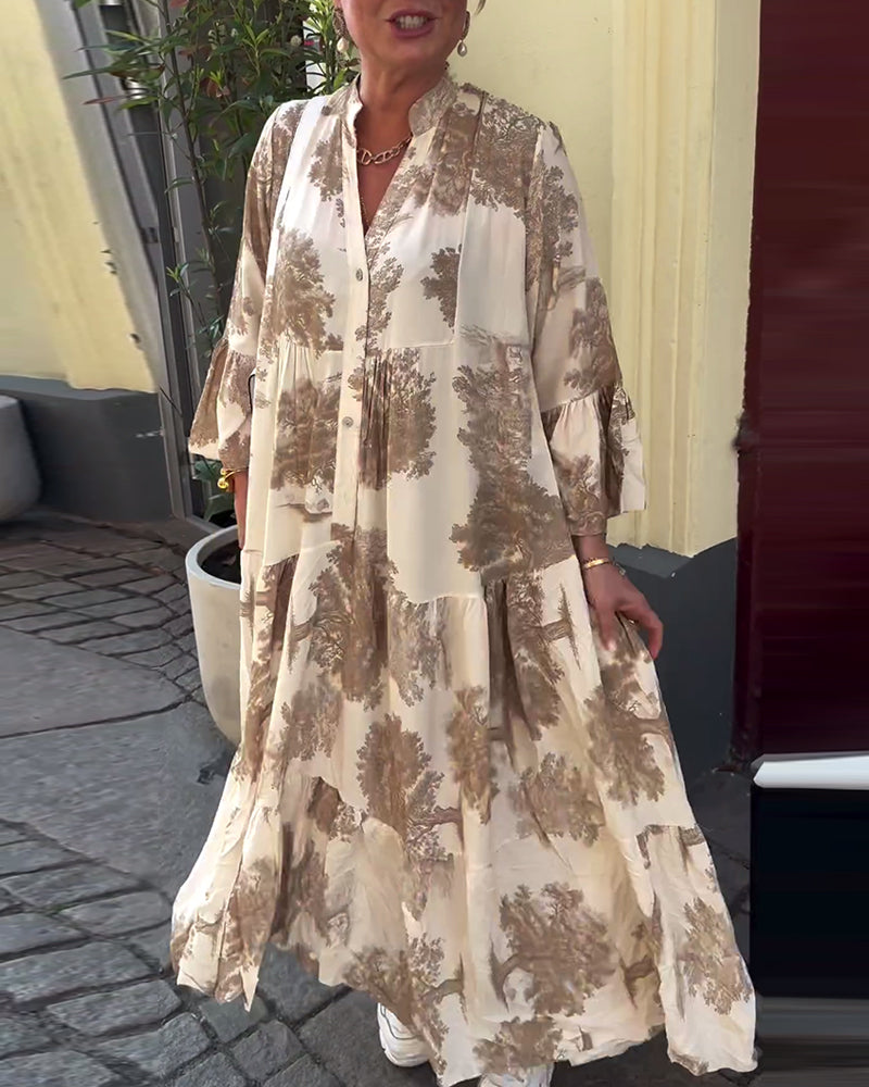 Maxi-jurk met print, volantmouwen & staande kraag – Stijlvol & Luchtig