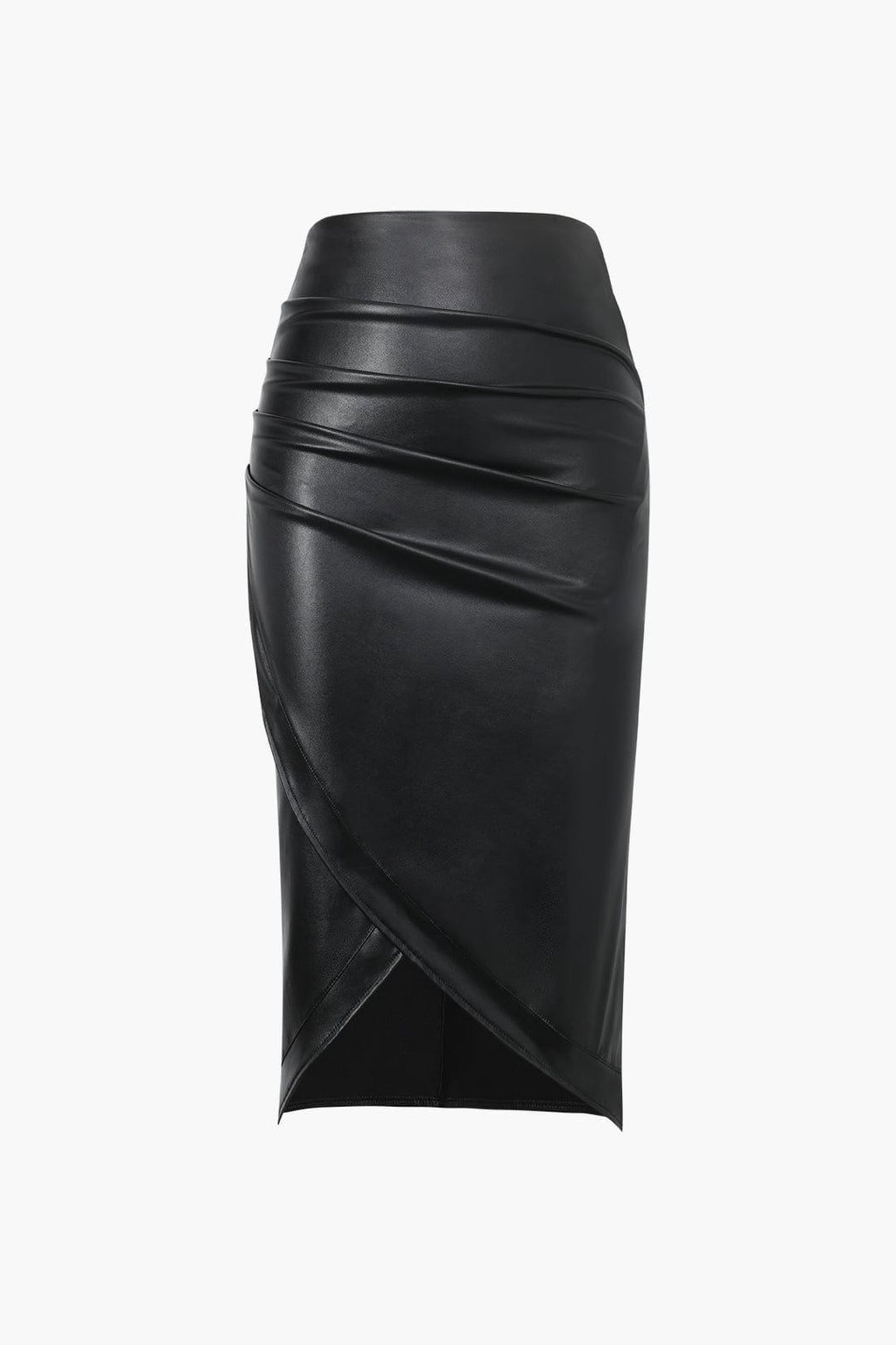 Edwina | Figurbetonende Kunstlederen Midirok met Asymmetrische Wickeloptiek