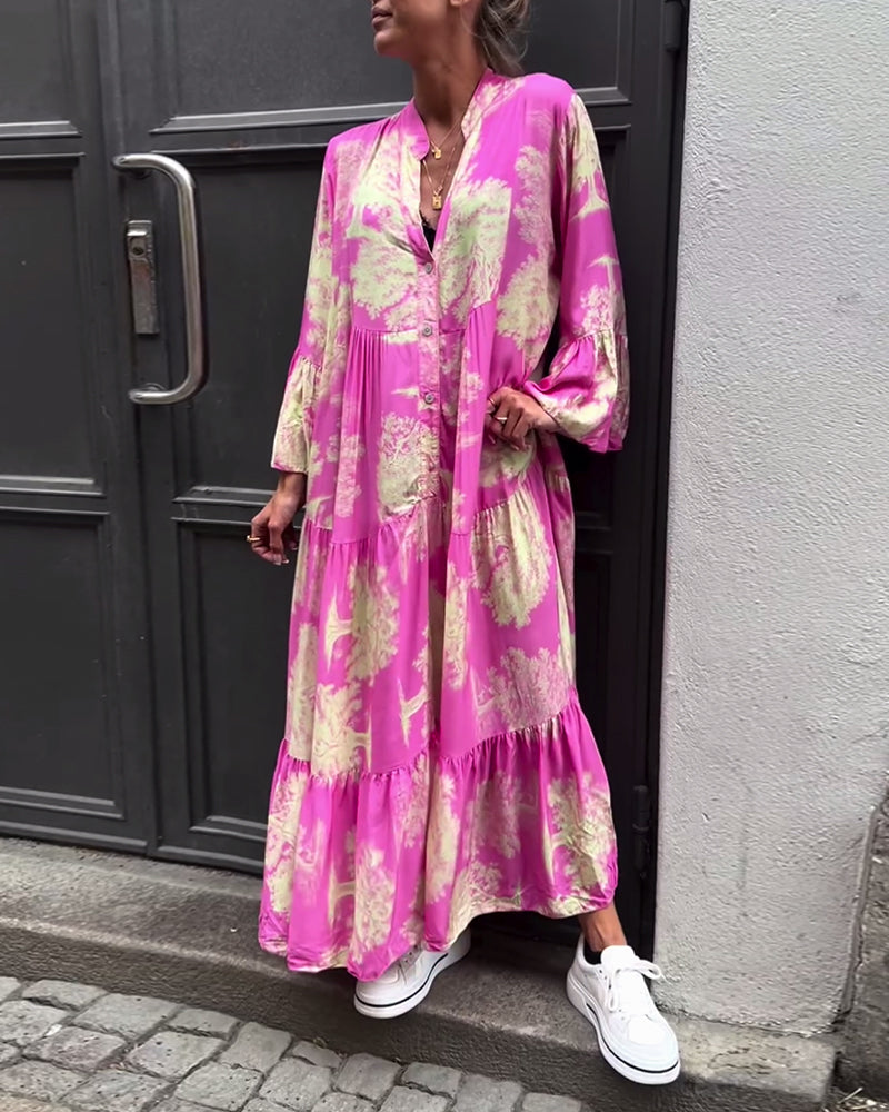 Maxi-jurk met print, volantmouwen & staande kraag – Stijlvol & Luchtig