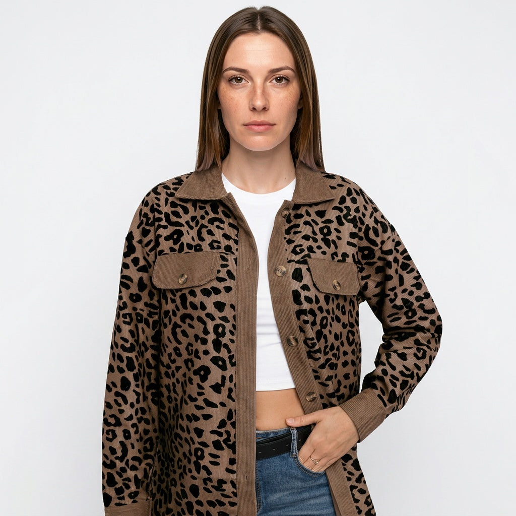 Luipaardprint Denim Jas met Knopen