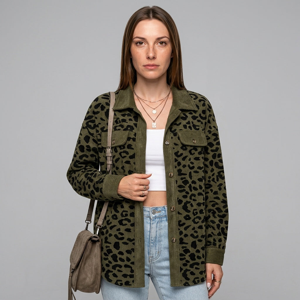 Luipaardprint Denim Jas met Knopen
