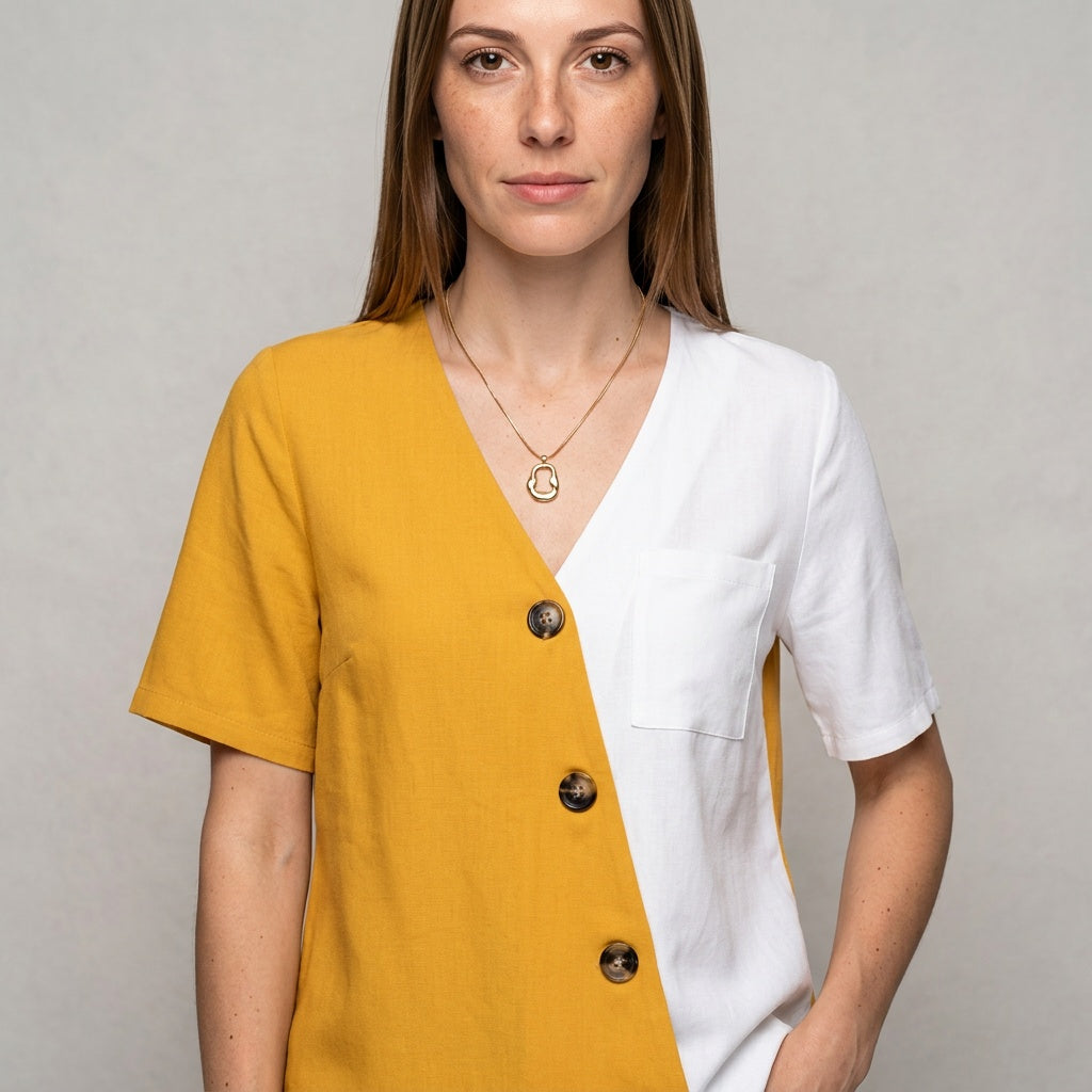Tweekleurige Blouse met Knopen en Korte Mouwen