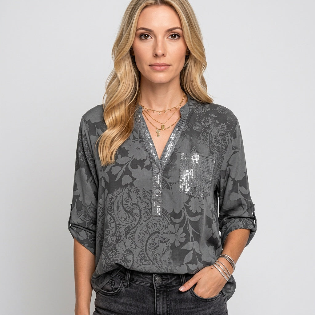 Jacquard Blouse met V Hals en Lange Mouwen