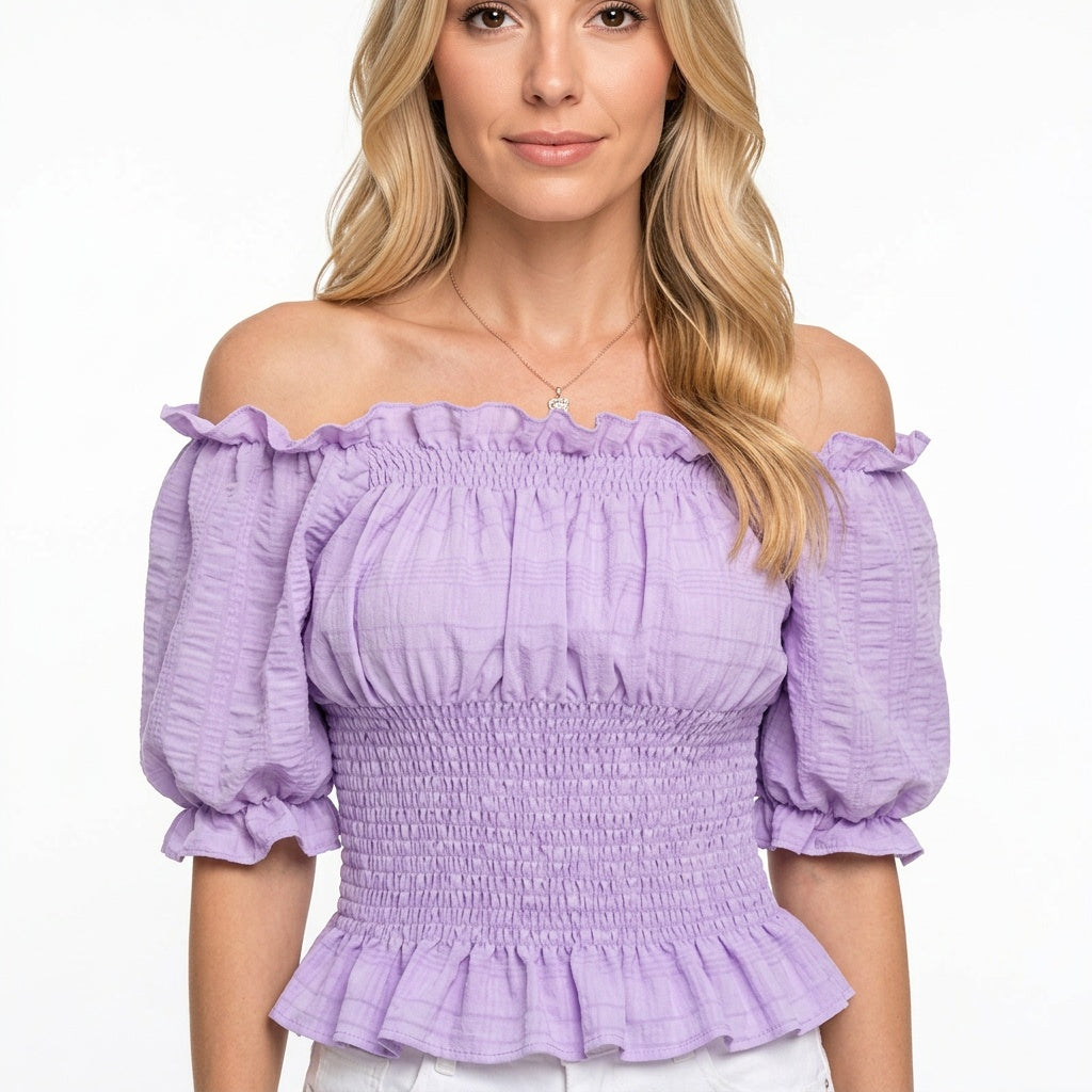 Off Shoulder Top met Smock Taille en Pofmouwen