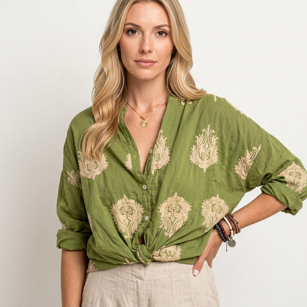 Blouse met Gouden Bladprint en Losvallende Pasvorm