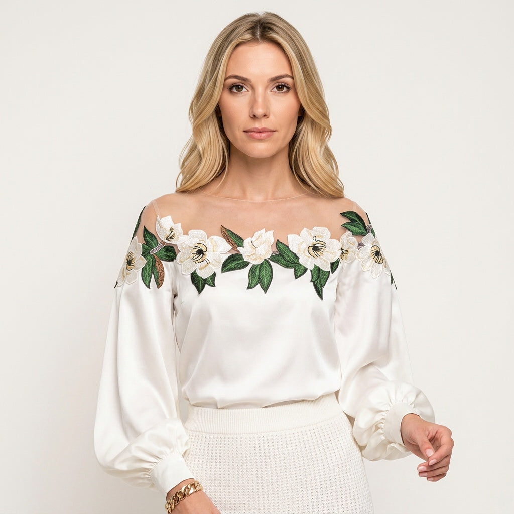 Elegante Off Shoulder Blouse met Bloemenborduursel