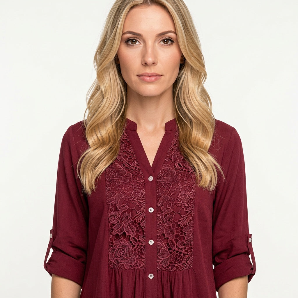 Elegante Tuniek Blouse met Kantdetails en Knopen