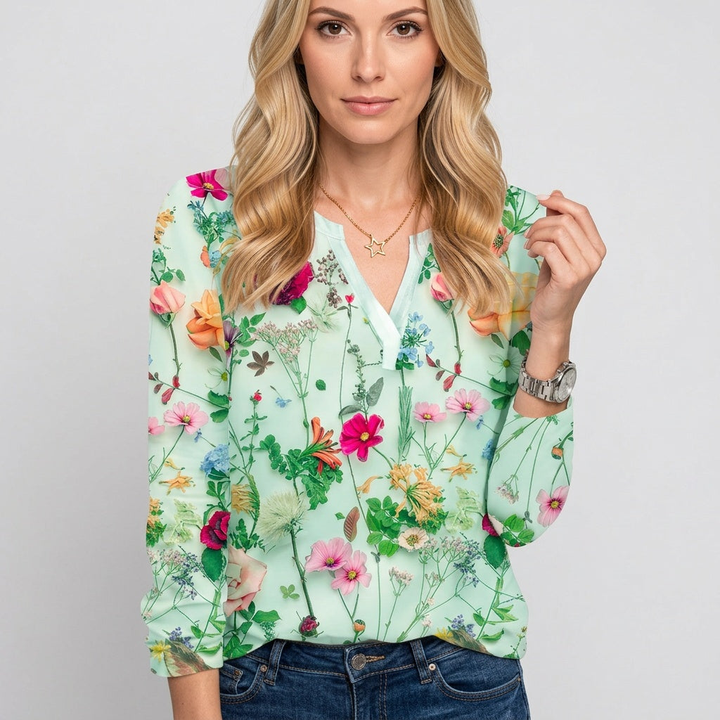 Elegante Bloemen Blouse met V Hals en Luchtige Pasvorm