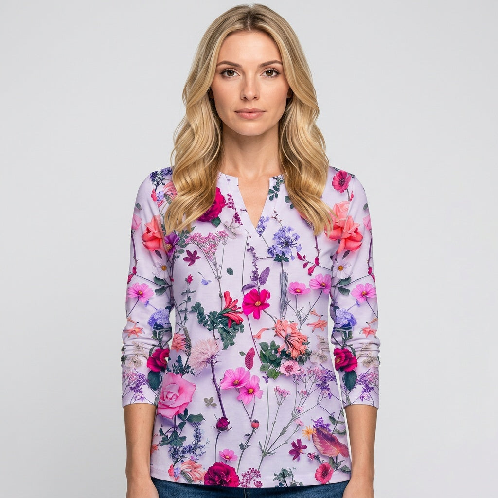 Elegante Bloemen Blouse met V Hals en Luchtige Pasvorm