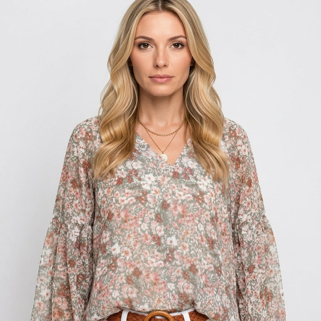 Romantische Bloemen Blouse met V Hals en Luchtige Pasvorm