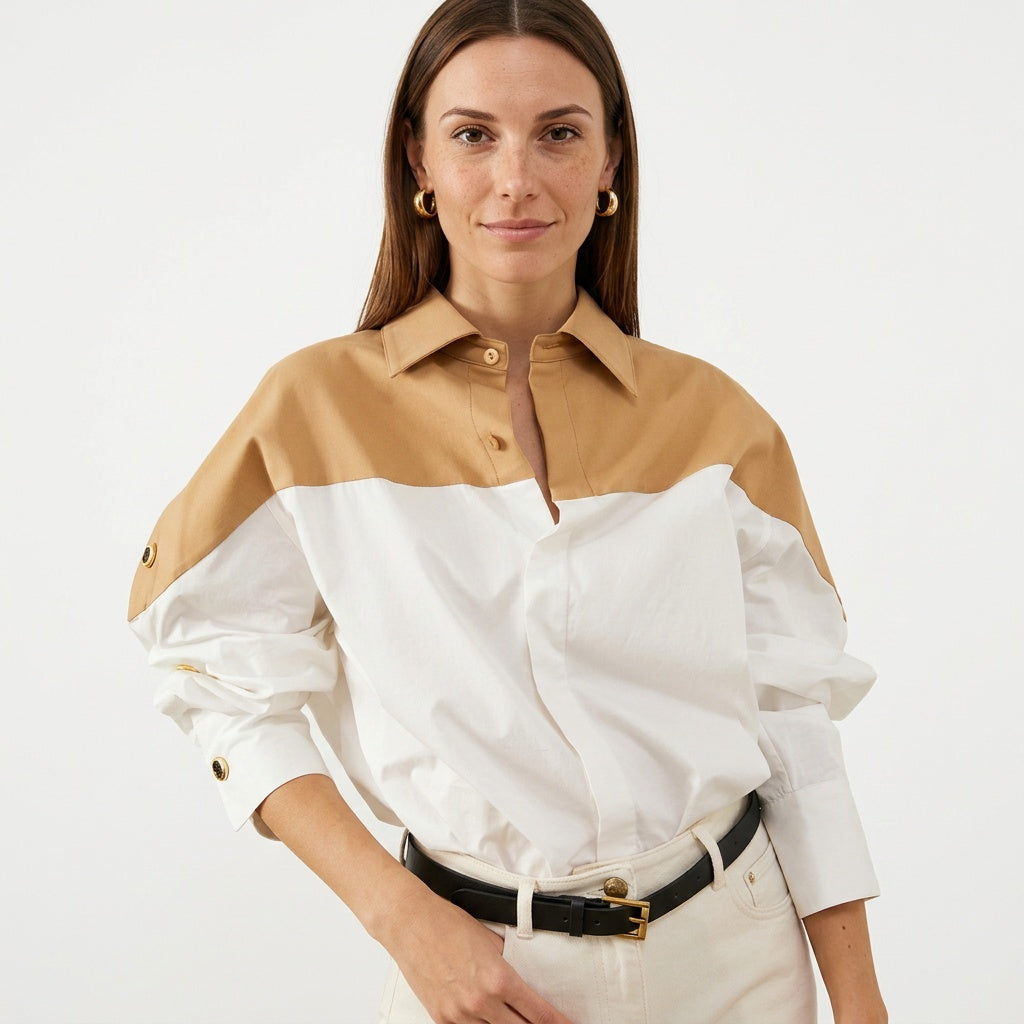Kleurblok Blouse met Klassieke Kraag en Moderne Stijl