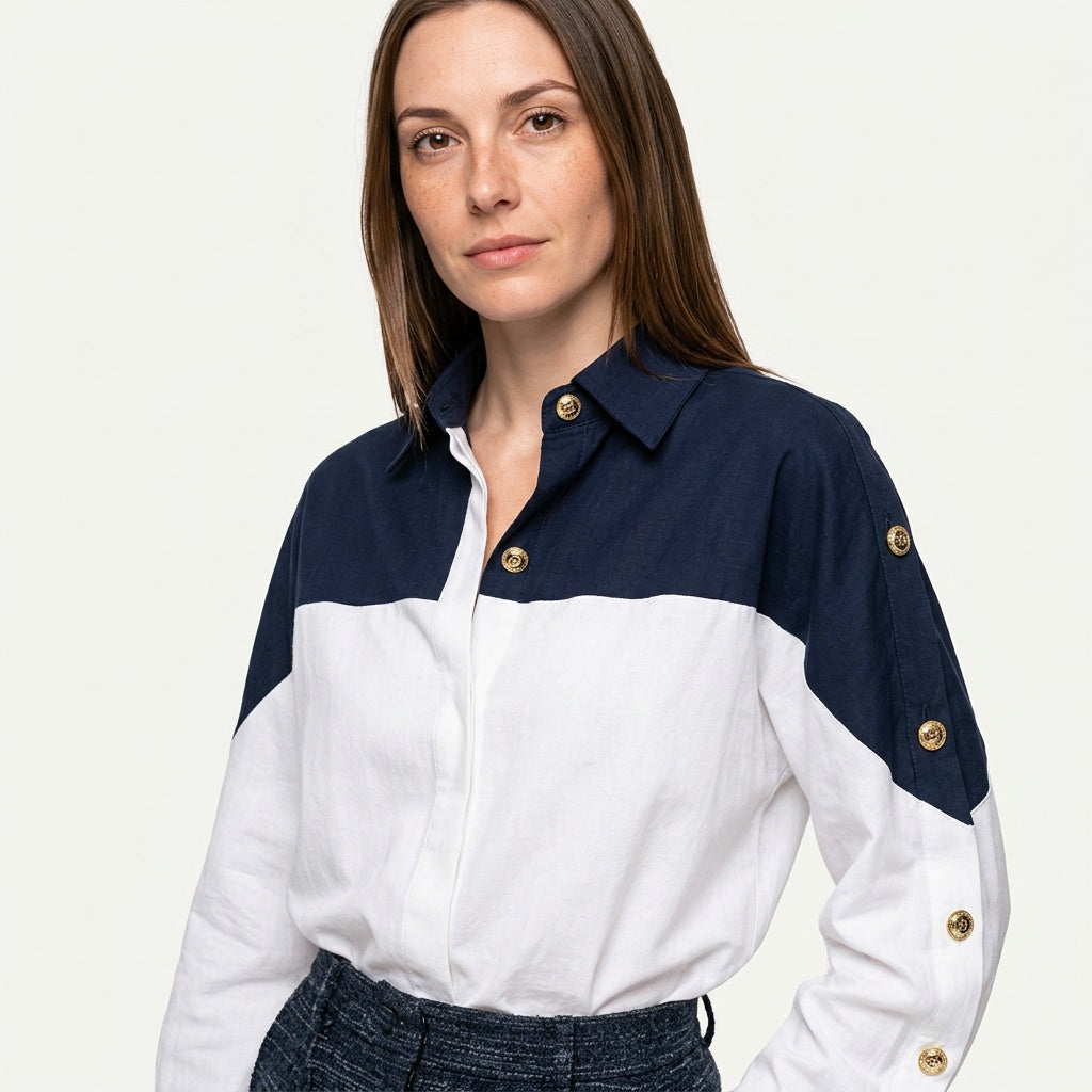 Kleurblok Blouse met Klassieke Kraag en Moderne Stijl
