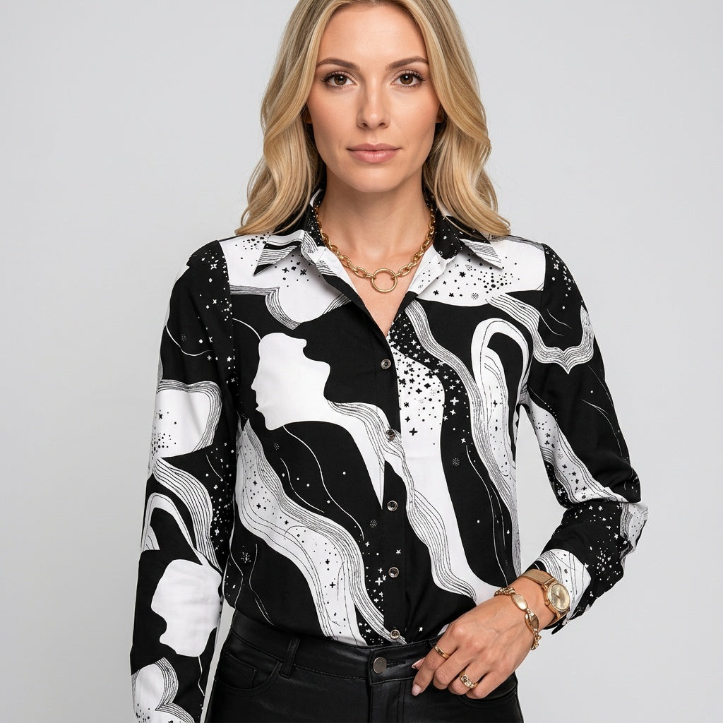 Abstracte Print Blouse met V-hals en Elegante Look