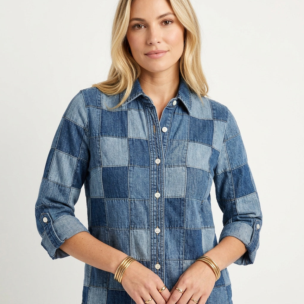 Patchwork Denim Blouse met Lange Mouwen en Casual Look