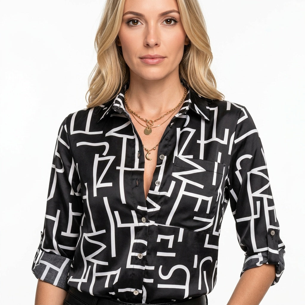 Geprinte Blouse met V-hals en Losse Pasvorm