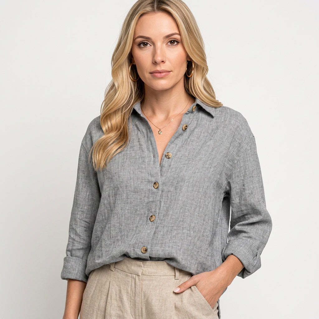 Linnen Blouse met Knopen en Relaxte Pasvorm