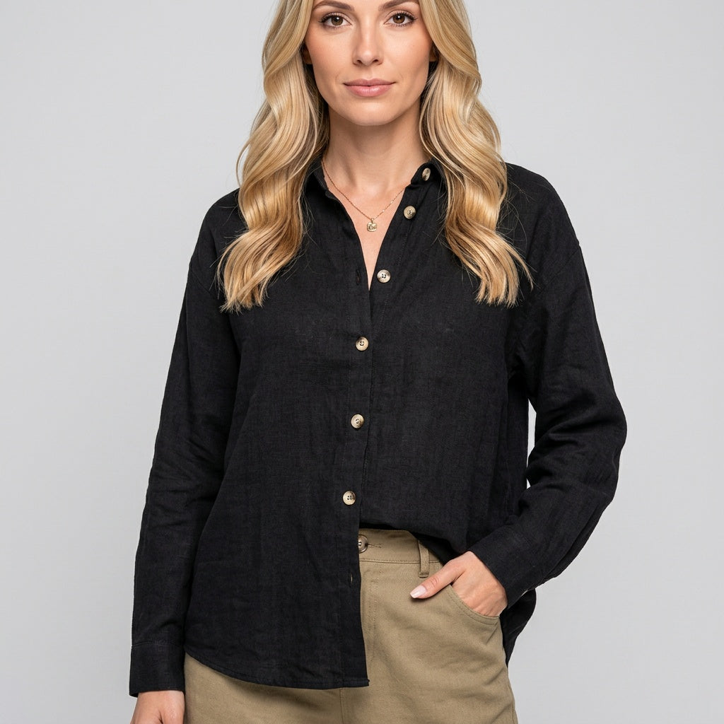 Linnen Blouse met Knopen en Relaxte Pasvorm