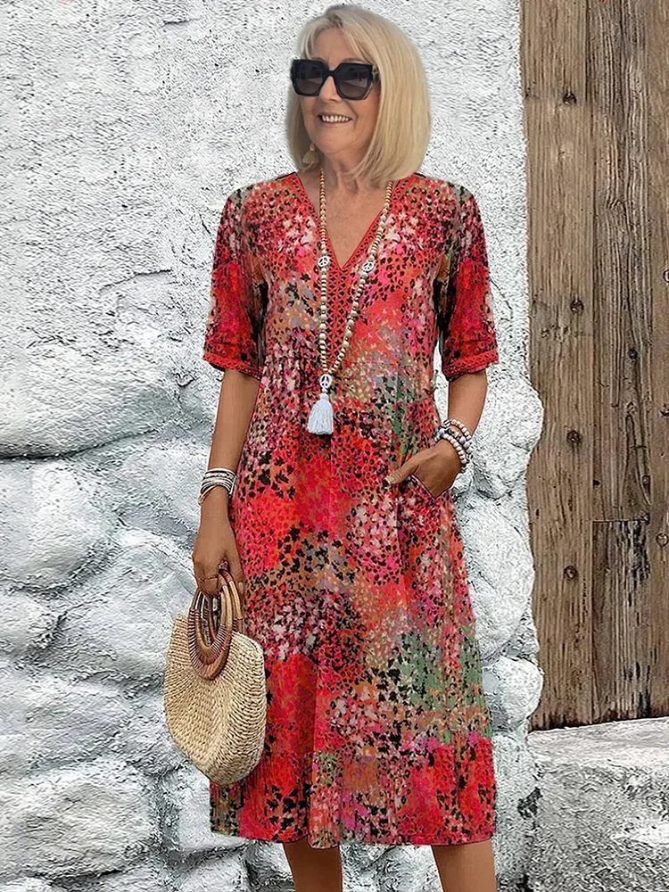 Zomerjurk met V-hals & Allover-patroon – Kniehoog & comfortabel