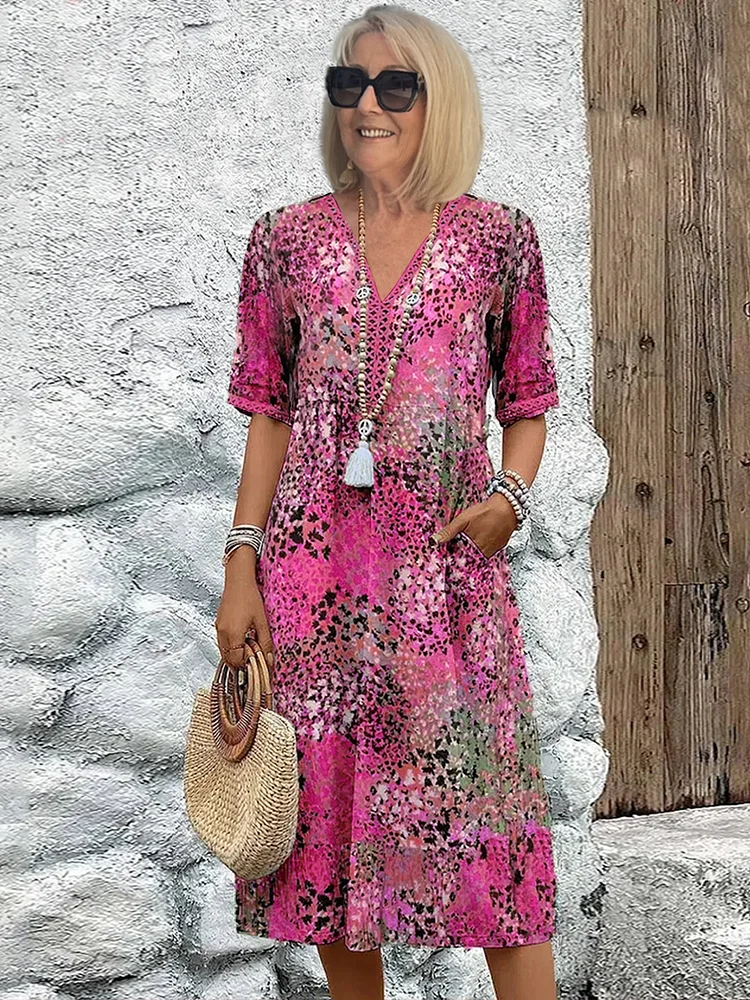Zomerjurk met V-hals & Allover-patroon – Kniehoog & comfortabel