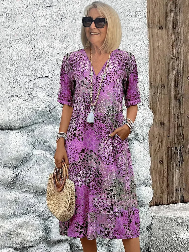 Zomerjurk met V-hals & Allover-patroon – Kniehoog & comfortabel