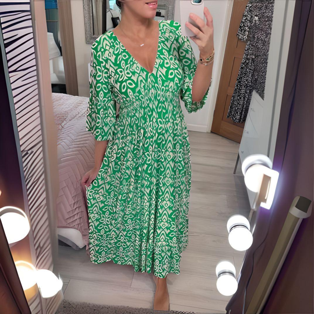 Losse Boho-jurk met V-hals en grafisch patroon – Enkellang