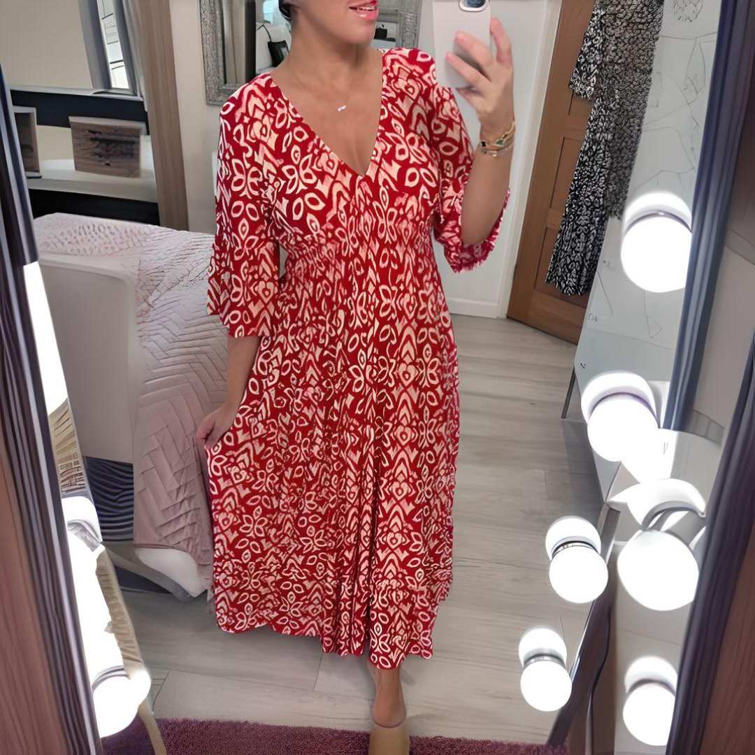 Losse Boho-jurk met V-hals en grafisch patroon – Enkellang