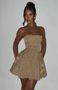 Katrina | Schouderloos Minikleed met Glitterdetails en Uitlopende Rok