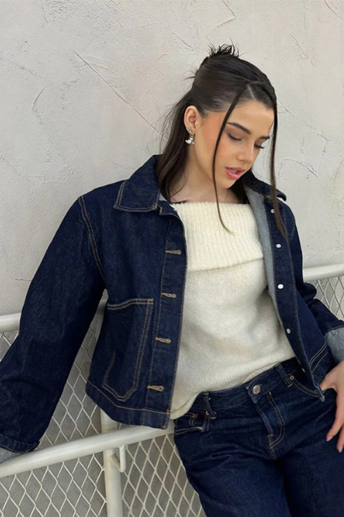 Dames-Denim-Set – Cropped Jeansjacke & High-Waist Minirok met Omslag