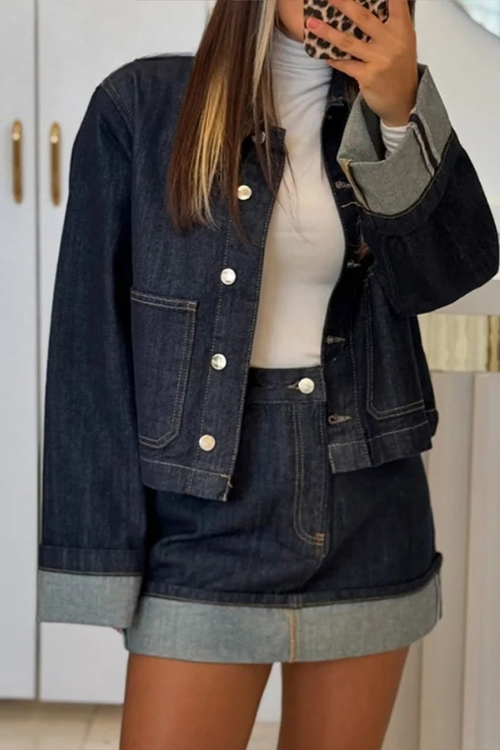Dames-Denim-Set – Cropped Jeansjacke & High-Waist Minirok met Omslag